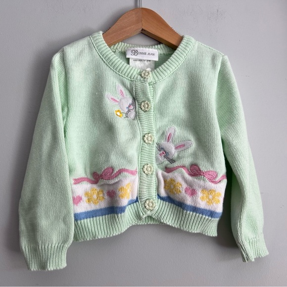 Bonnie Jean Green Cardigan Sweater with Bunnies Easter Spring - Picture 1 of 5